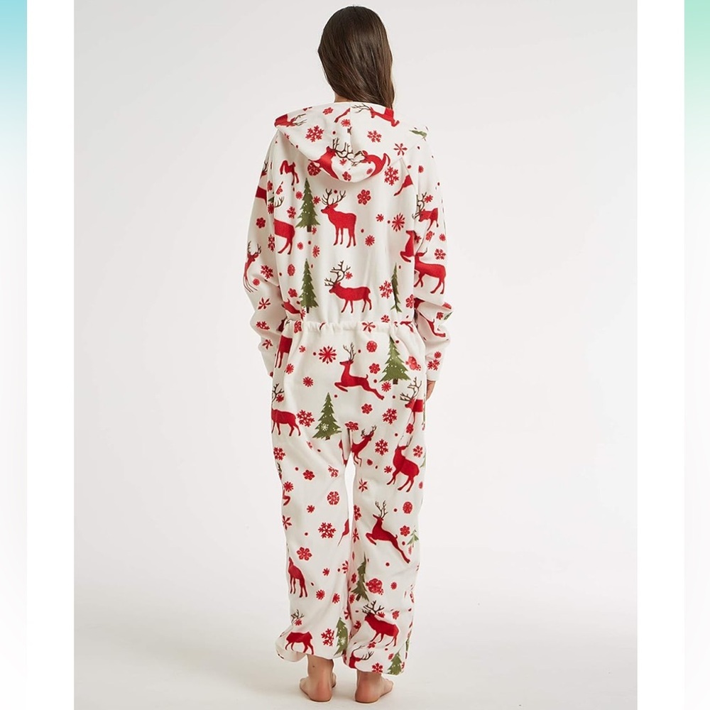 Festive Hooded Onesie with Reindeer and Tree Print Fleece Pajamas - Picture 2 of 5